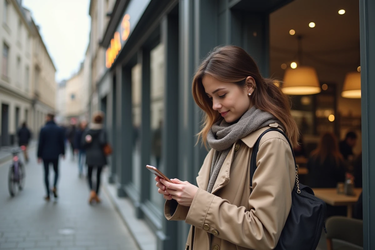 Femme dans la rue de Lille devant Djadjas vérifiant son téléphone