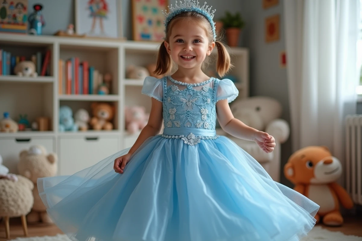 Fille de 6 ans en robe de princesse bleue dans sa chambre