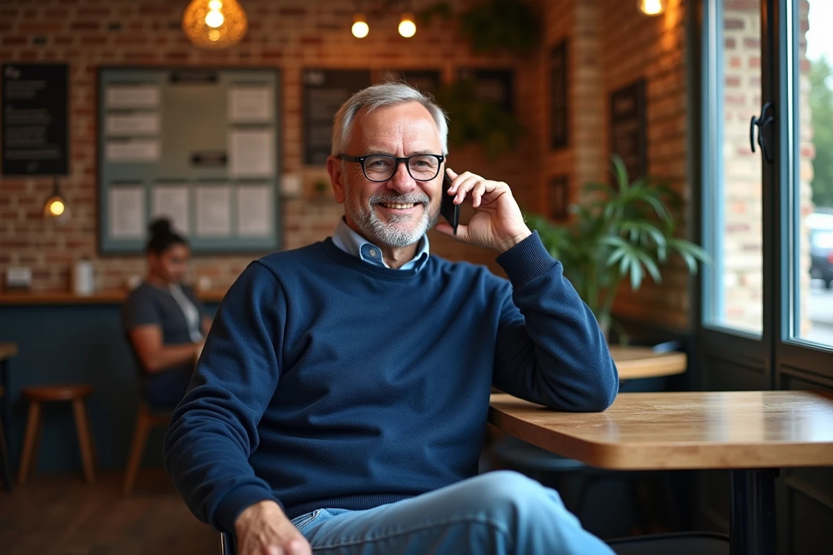Homme assis dans un café Djadjas à Lille parlant au téléphone