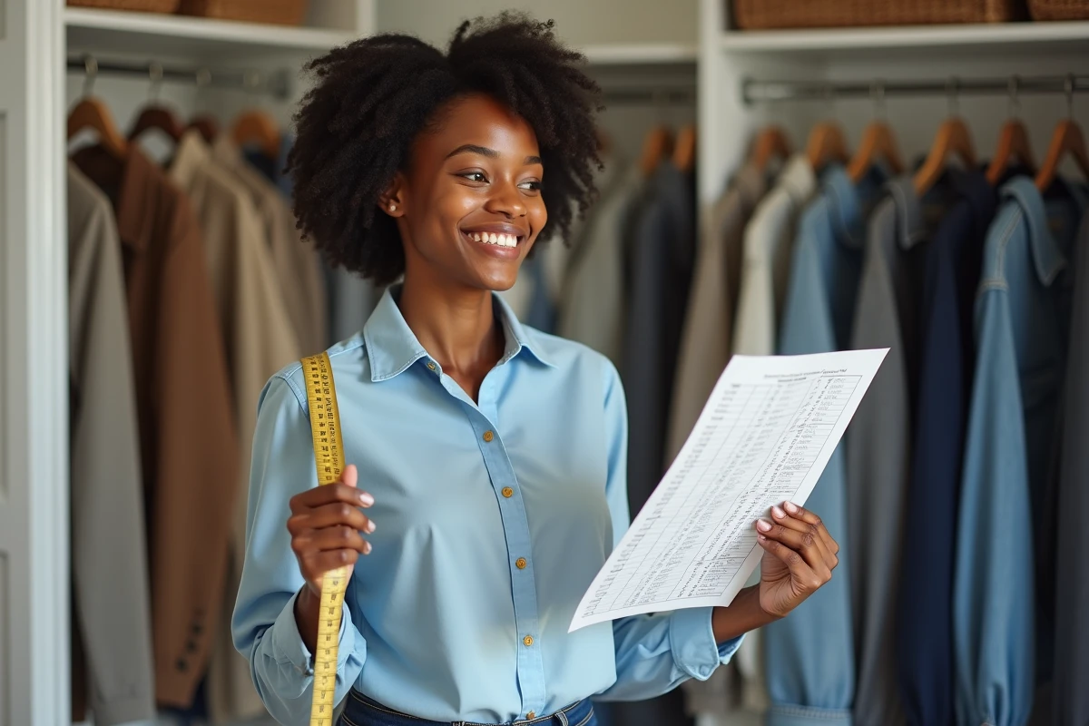 Jeune femme comparant un tableau de tailles dans un dressing lumineux