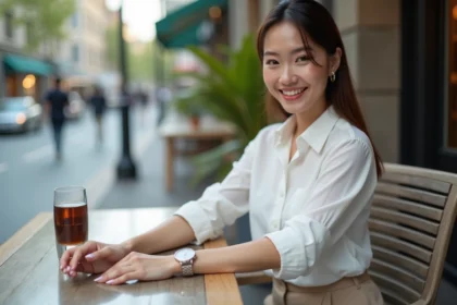Jeune femme élégante ajustant sa montre en extérieur