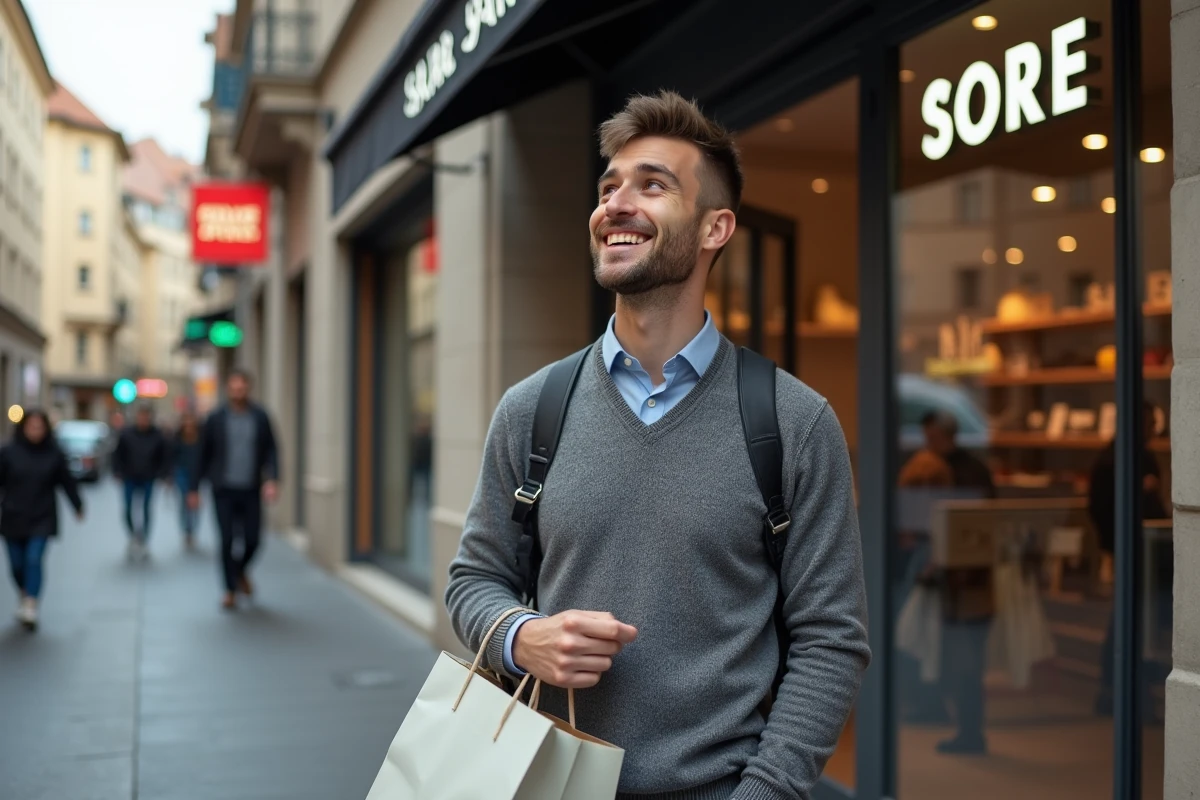 Jeune homme entrant dans une boutique à Pas de la Case