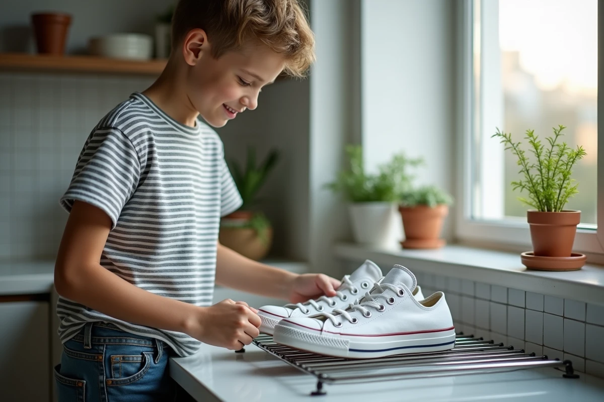 Adolescent arrangeant ses Converse propres sur un séchoir près d