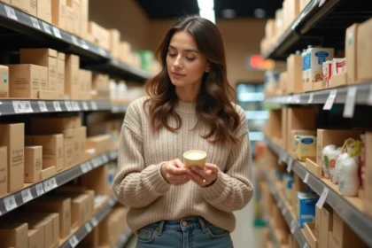 Femme regardant des produits ecolabellises en supermarche