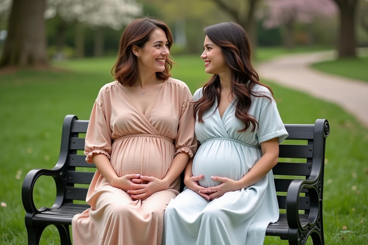 Deux femmes assises sur un banc dans un parc au printemps