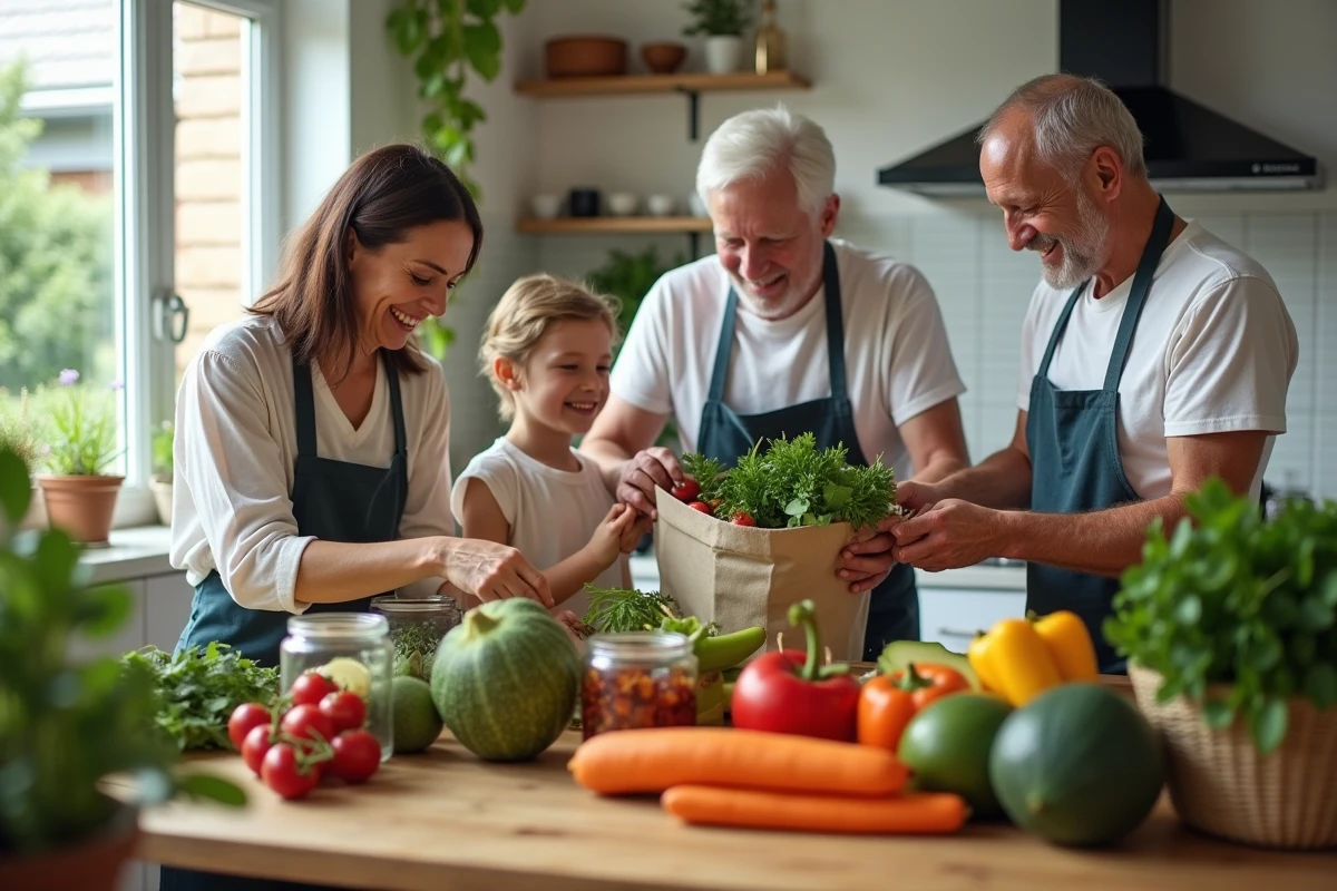 Famille triant des bocaux et sacs en cuisine