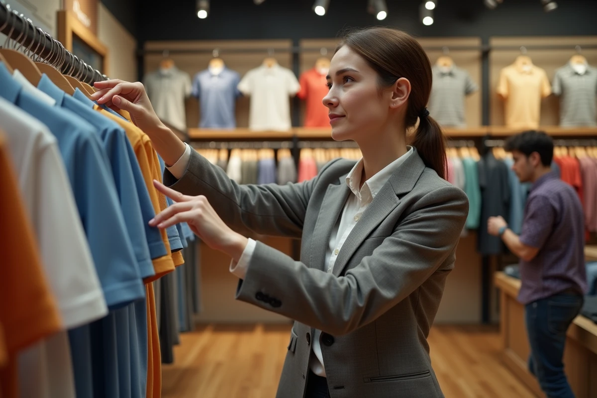 Femme pointant deux polos dans un magasin animé