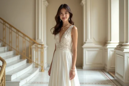 Femme élégante en robe blanche avec bijoux perles