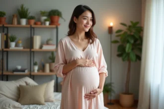 Femme enceinte dans un salon chaleureux et cosy