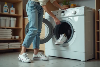 Jeune femme vérifiant ses Converse avant lavage dans la buanderie