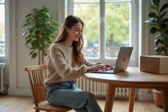 Jeune femme souriante travaillant à son bureau à domicile