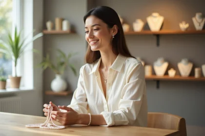 Femme élégante tenant des perles dans un showroom lumineux