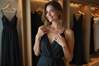 Femme élégante en robe noire dans une boutique chic