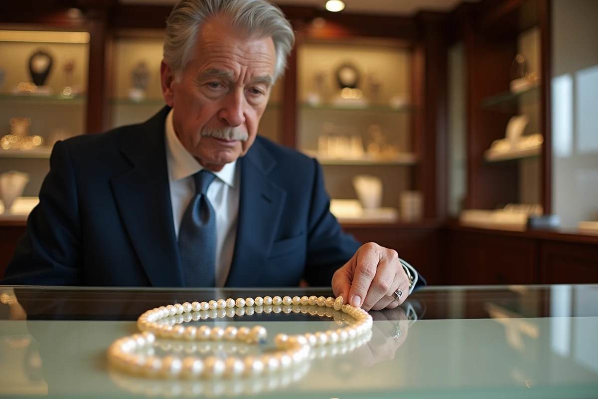 Homme d age examinant un collier de perles dans une bijouterie