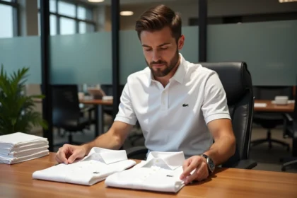 Homme en polo blanc examinant deux shirts logo crocodile