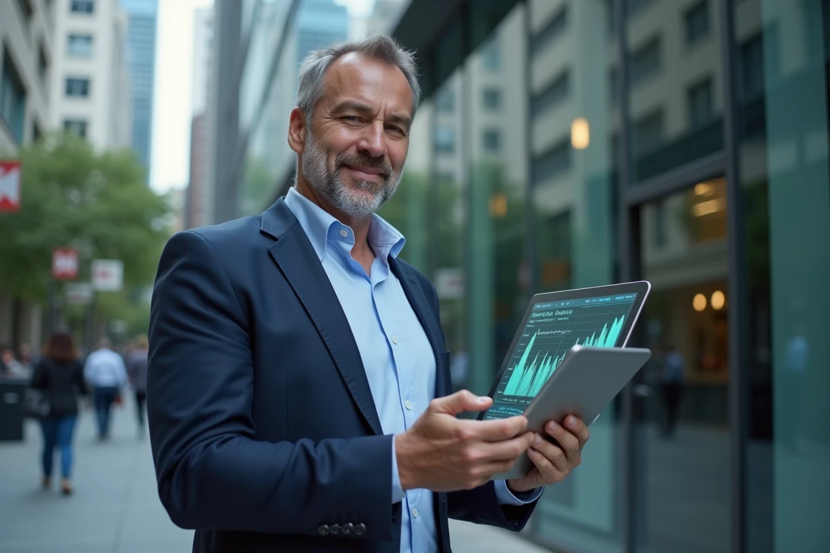 Homme d age moyen avec tablette affichant des graphiques en extérieur