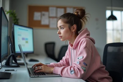 Jeune femme au bureau avec ordinateur et stickers technologiques
