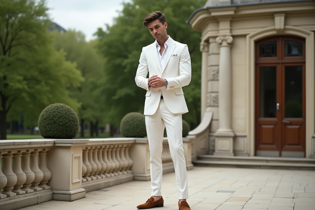 Jeune homme en costume blanc ajustant ses manchettes