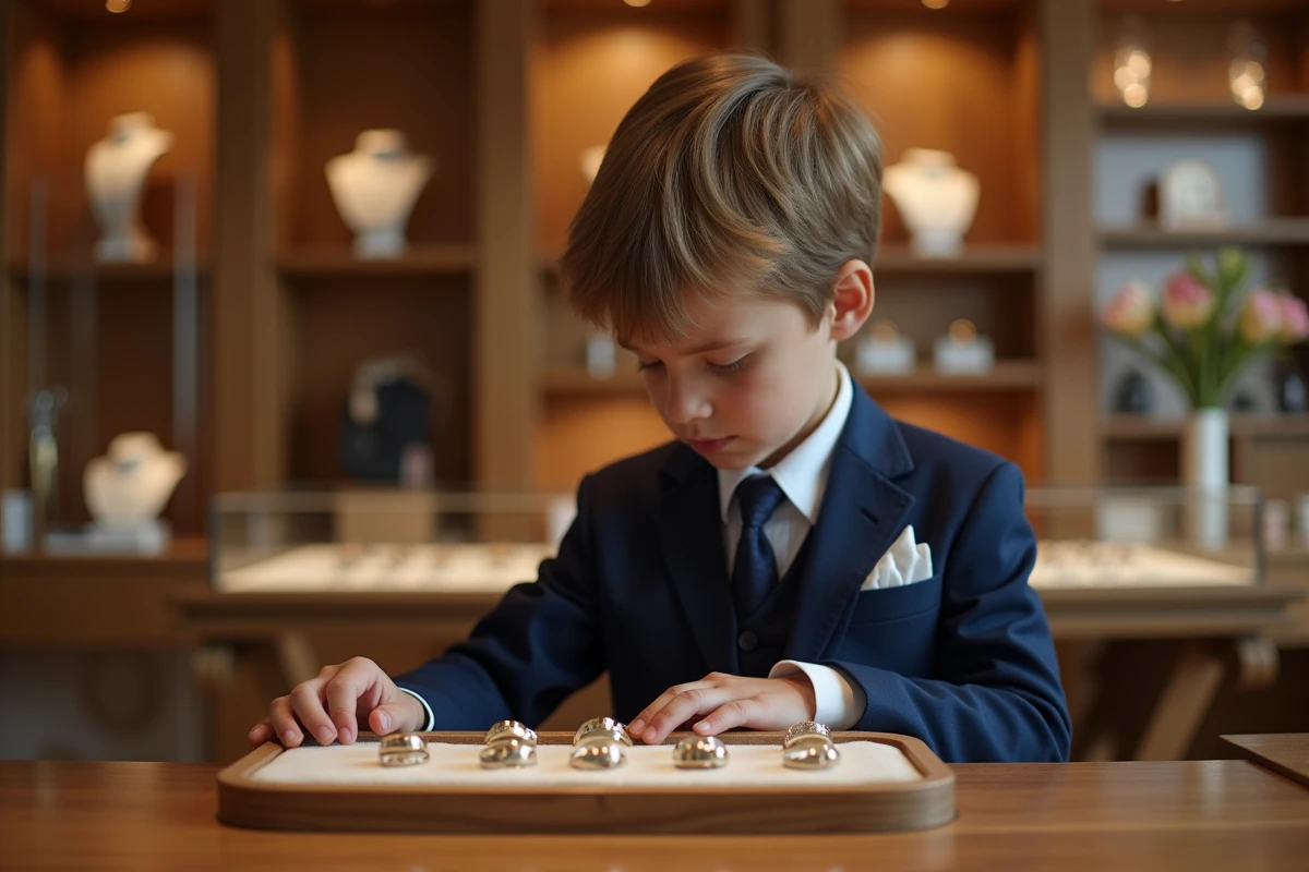 Garçon en costume marine choisissant une bague dans une bijouterie pour son baptême ou sa communion