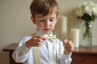 Jeune garçon en chemise blanche tenant une bague en argent pour sa communion, ambiance élégante et sobre