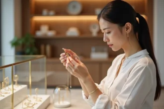Femme examinant un bracelet en or dans une boutique de bijoux minimaliste, guide d'achat bijoux et montres