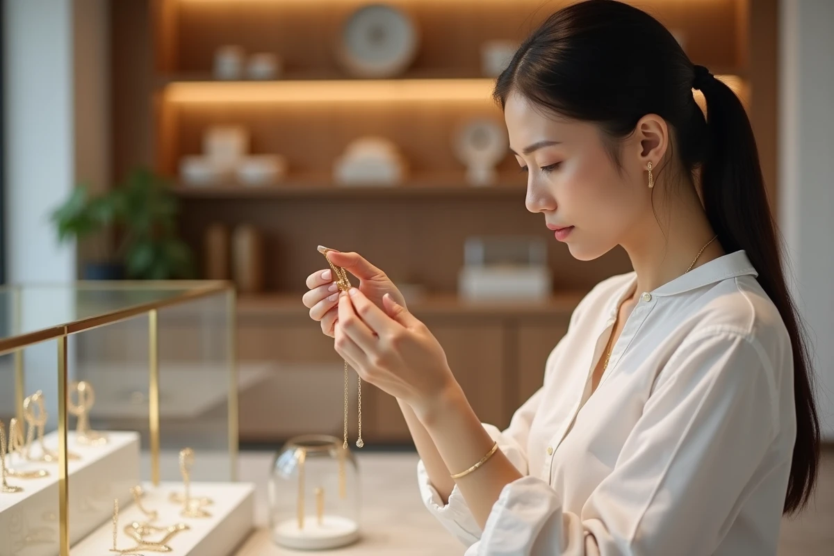Femme examinant un bracelet en or dans une boutique de bijoux minimaliste, guide d'achat bijoux et montres