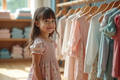 Jeune fille souriante en robe taille 116 dans boutique enfant