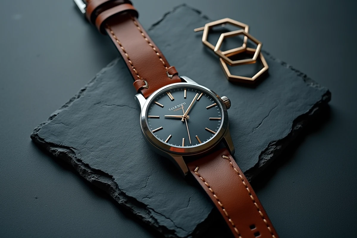 Vue à plat d'une montre analogique, boucles d'oreilles et bague en or sur ardoise, guide achat bijoux tendance