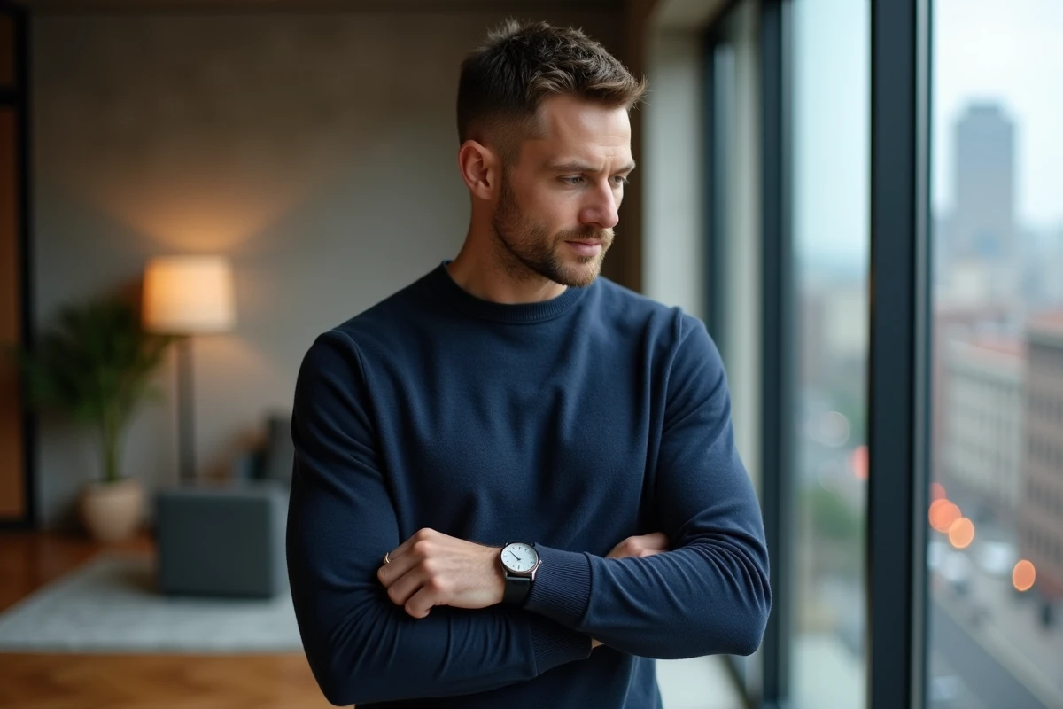 Homme regardant sa montre automatique dans un appartement contemporain urbain, guide achat montres tendance