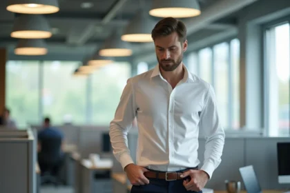 Homme en bureau ajustant son pantalon trop grand qui descend sur les hanches au travail