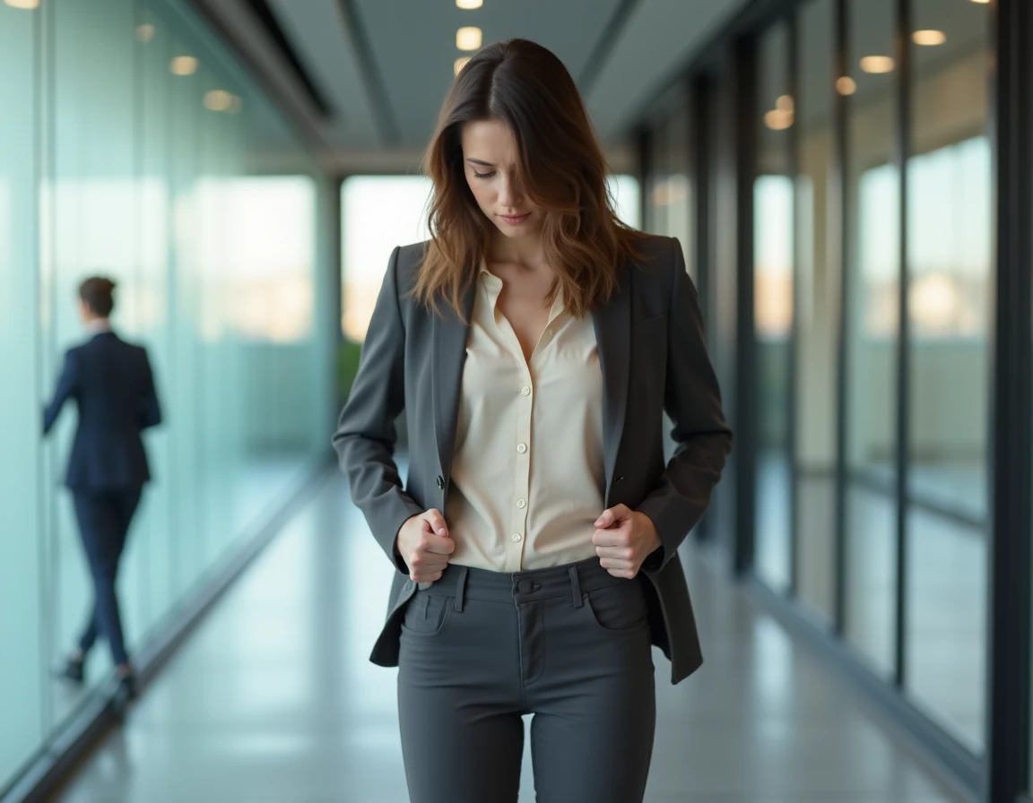 Femme en couloir de bureau remontant son pantalon mal ajusté qui glisse à la taille