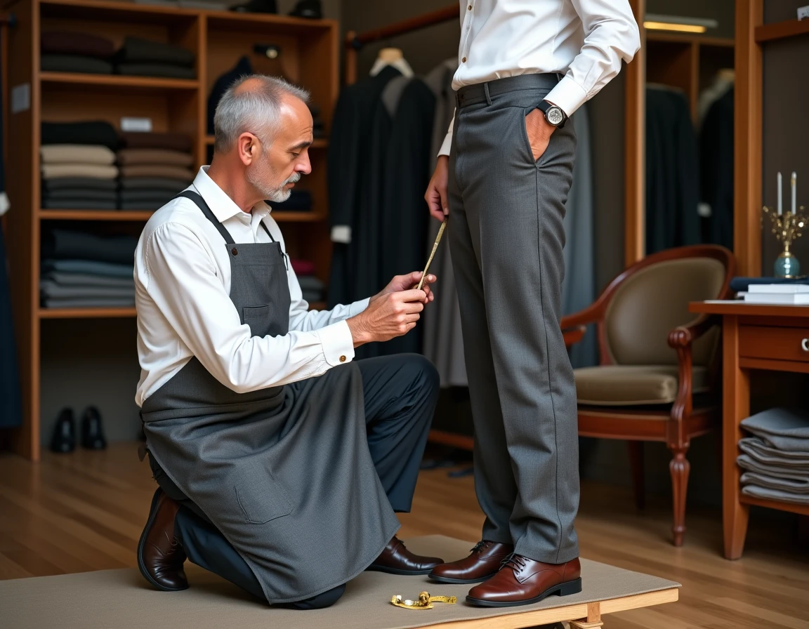 Tailleur épinglant un pantalon trop grand sur un client dans un atelier de couture professionnelle