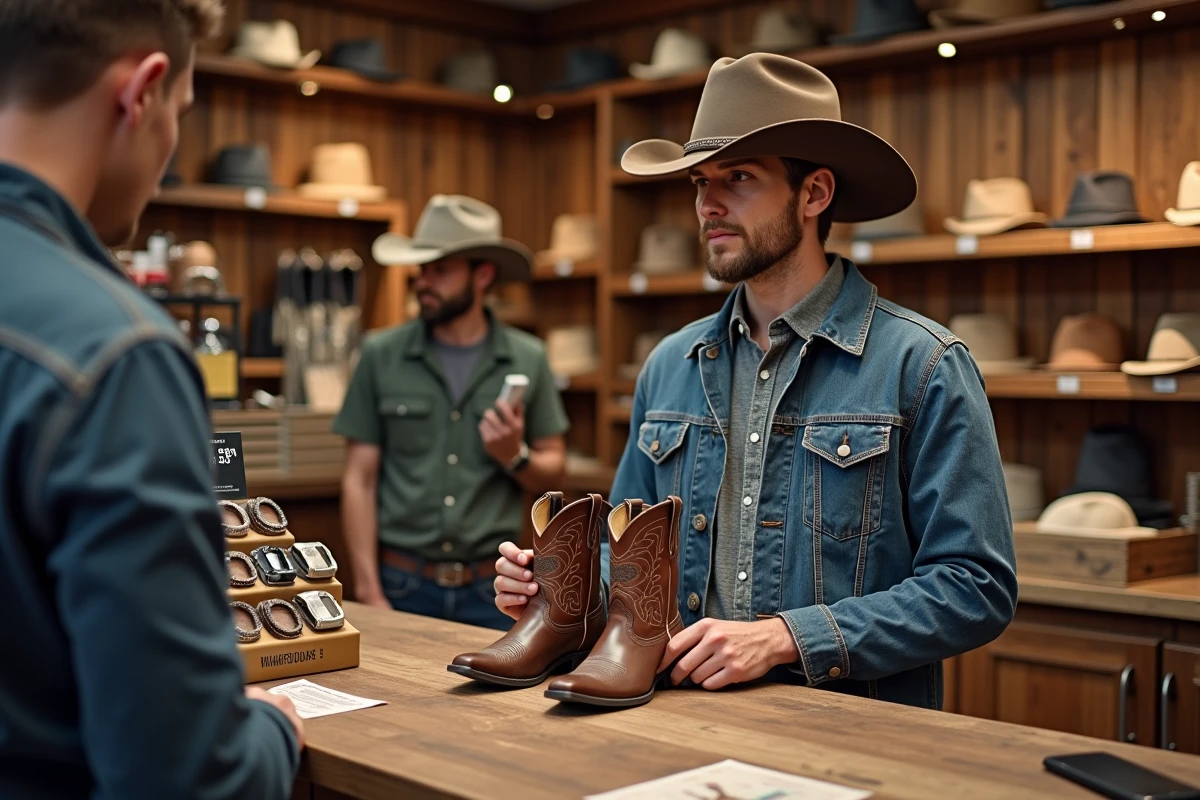 Client en chapeau western achetant des bottes en cuir au comptoir d'un magasin western en France avec des bons de réduction