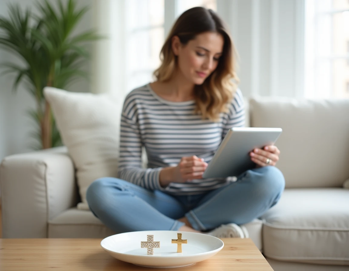 Jeune femme comparant deux bijoux croix portugaise en ligne sur tablette, avec pendentifs posés sur une assiette blanche pour vérification avant achat