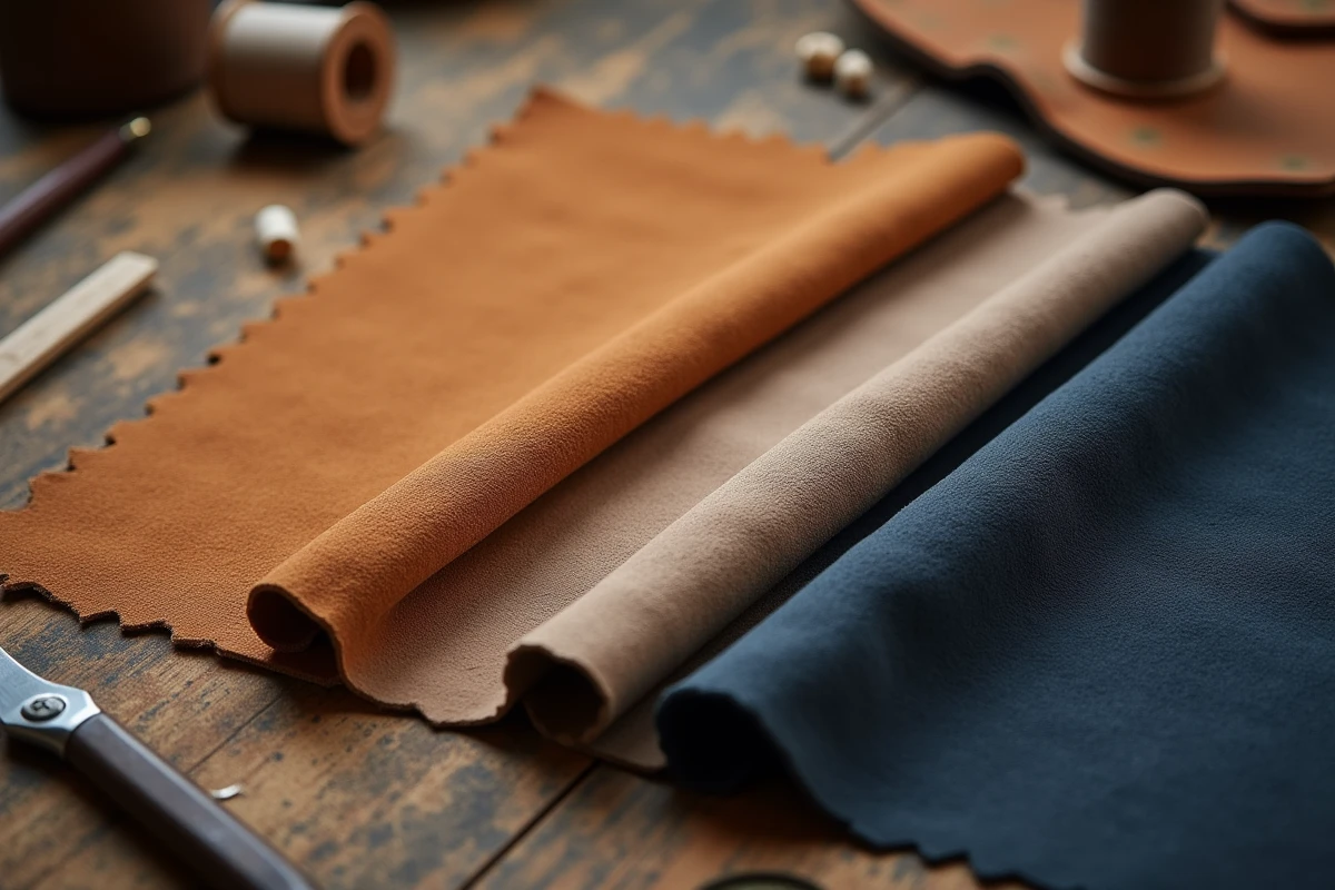 Trois échantillons de daim tissu, daim cuir et nubuck côte à côte sur une table en bois brut, montrant les différences de texture et de grain entre les matières