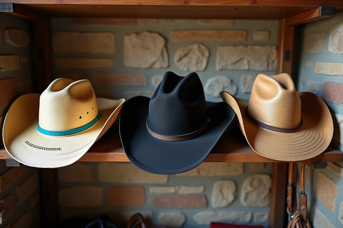 Trois chapeaux cowboy western différents exposés sur une étagère en bois dans une sellerie, montrant les styles feutre, paille et feuille de palmier
