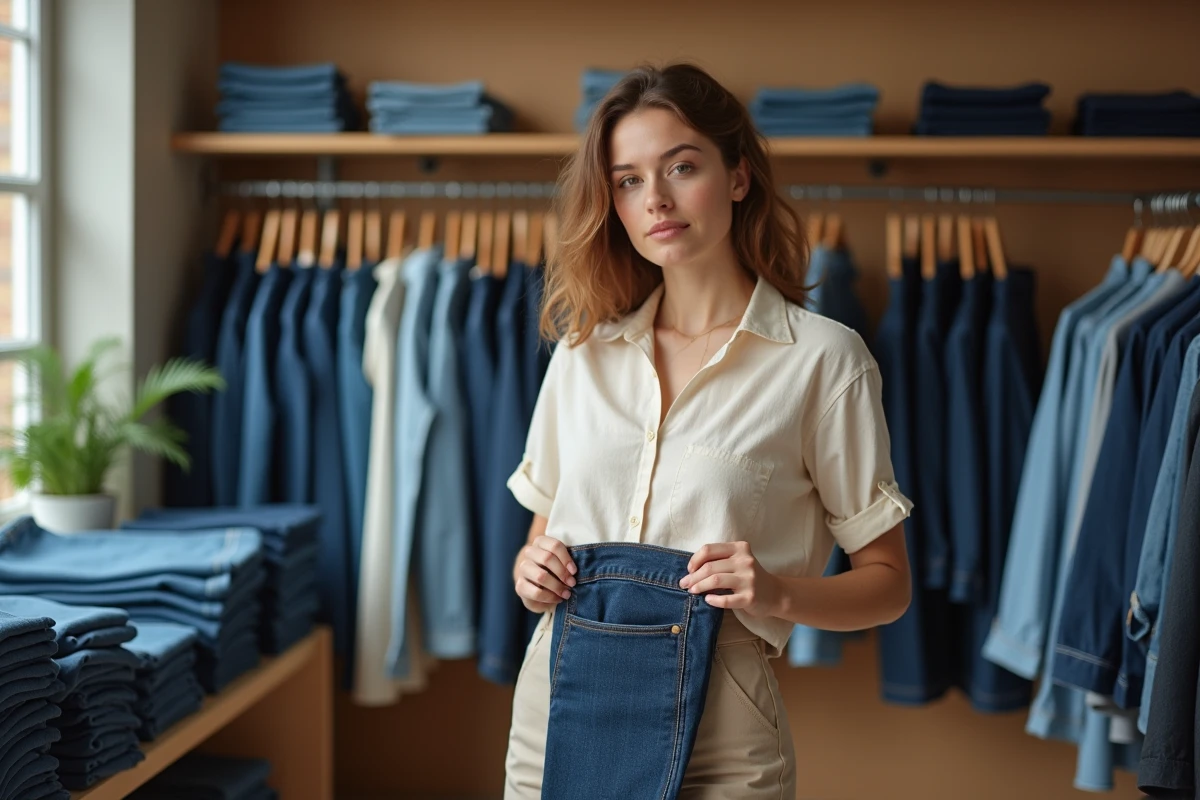Jeune femme comparant la taille d'un jean en boutique pour comprendre les correspondances de tailles Australie France