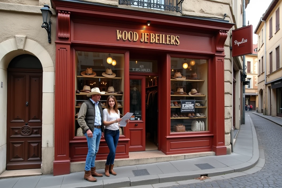 Devanture d'un magasin western en France avec des affiches de promotions 2026 et des clients consultant un prospectus