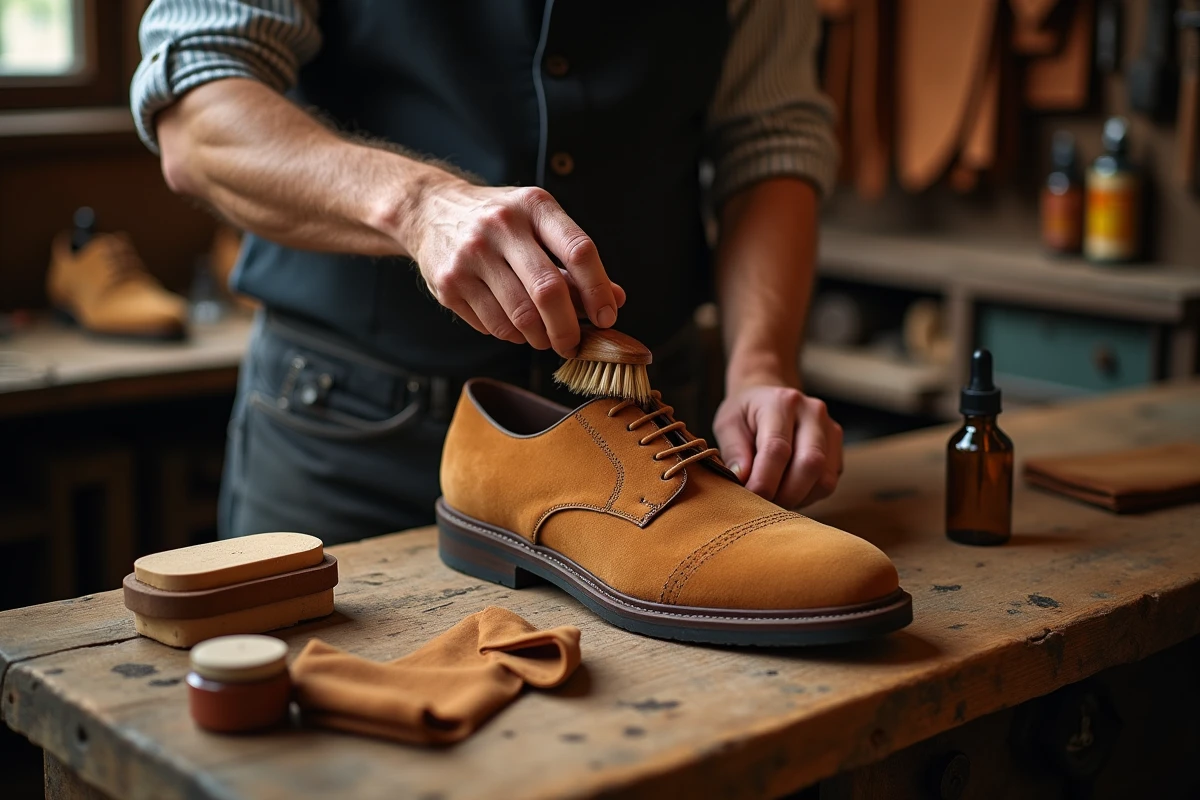Mains d'un cordonnier entretenant une chaussure en nubuck avec une brosse à daim sur un établi en bois, avec des accessoires d'entretien du cuir autour