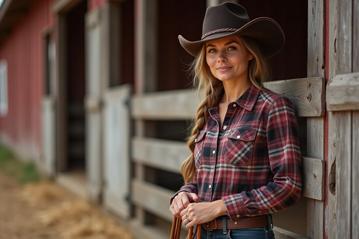 Femme cavalière tenant une bride à côté d'un corral, portant un chapeau western en cuir marron foncé avec couture tressée