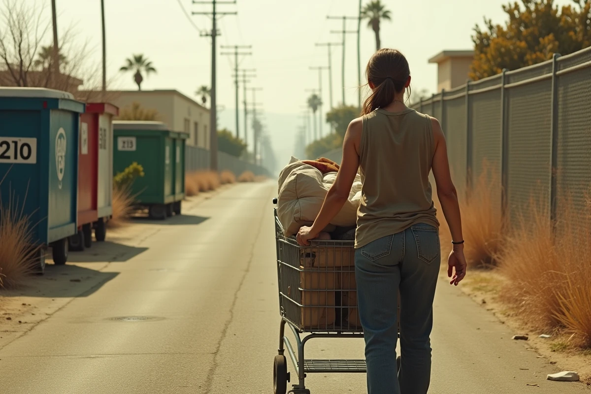 Femme poussant un chariot dans une ruelle de Los Angeles, évoquant la descente sociale et la vie dans la rue aux États-Unis