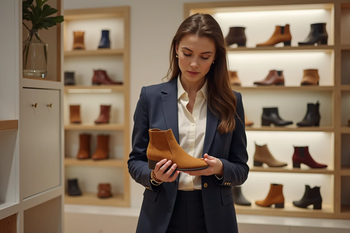 Jeune femme en boutique de chaussures examinant une bottine en nubuck, portant un pantalon en daim tissu, illustrant le choix entre différentes matières
