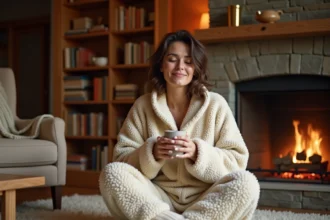 Femme adulte portant un pilou pilou sherpa douillet, assise sur un tapis en laine au coin du feu, tenant une tasse en céramique dans un salon chaleureux et cocooning