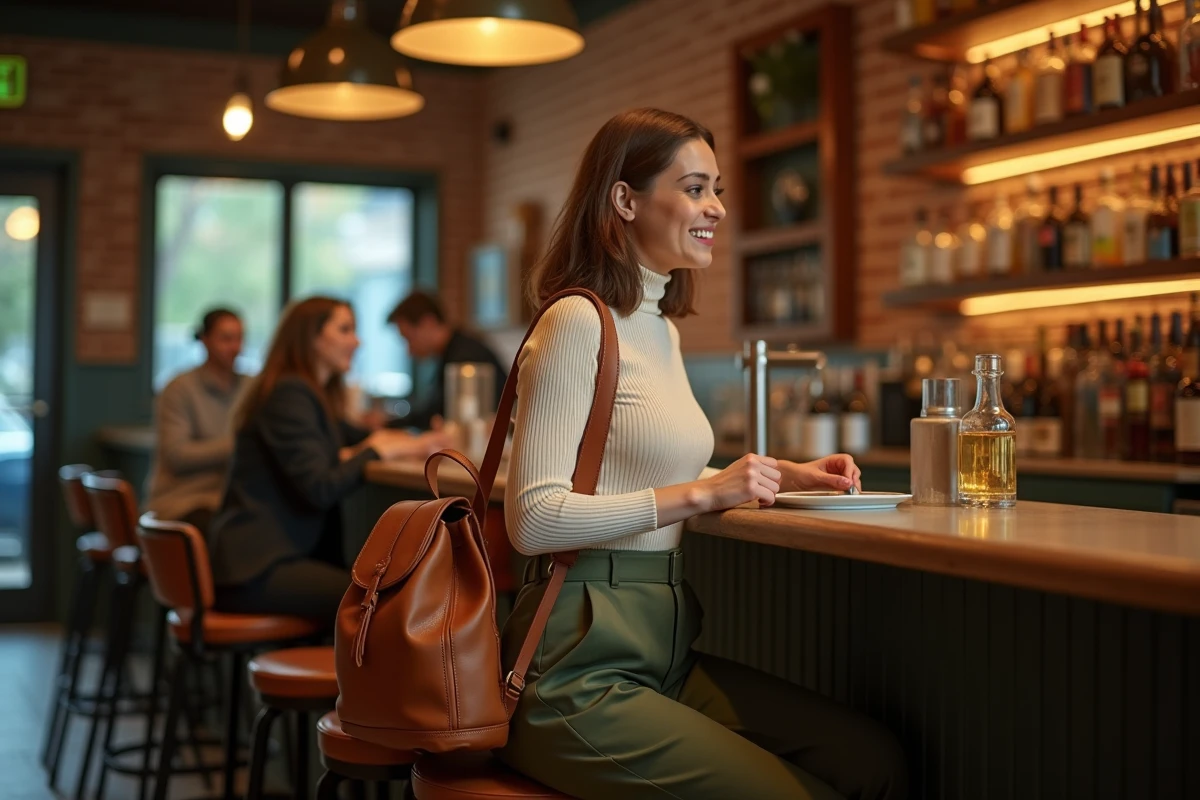 Femme avec sac à dos cognac dans un bar afterwork branché, tenue polyvalente du bureau à la soirée