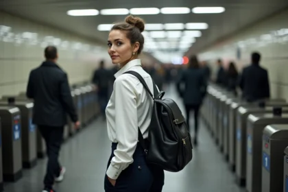 Femme élégante portant un sac à dos en cuir noir dans le métro parisien, tenue professionnelle adaptée à la ville