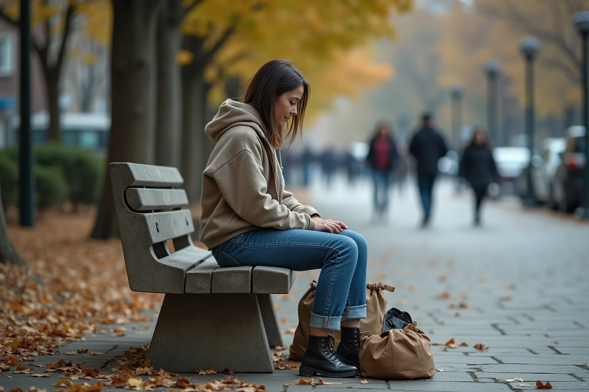 Femme sans-abri assise seule sur un banc urbain avec ses affaires personnelles, illustrant la précarité et l'isolement social
