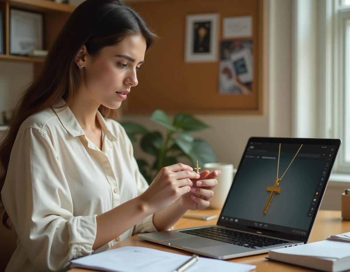 Femme examinant un pendentif croix en or avant un achat en ligne, comparant le bijou à une photo sur écran d'ordinateur portable