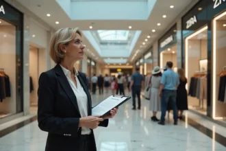 Responsable d'un magasin Zara observant la fermeture et le démontage des rayons dans un centre commercial français