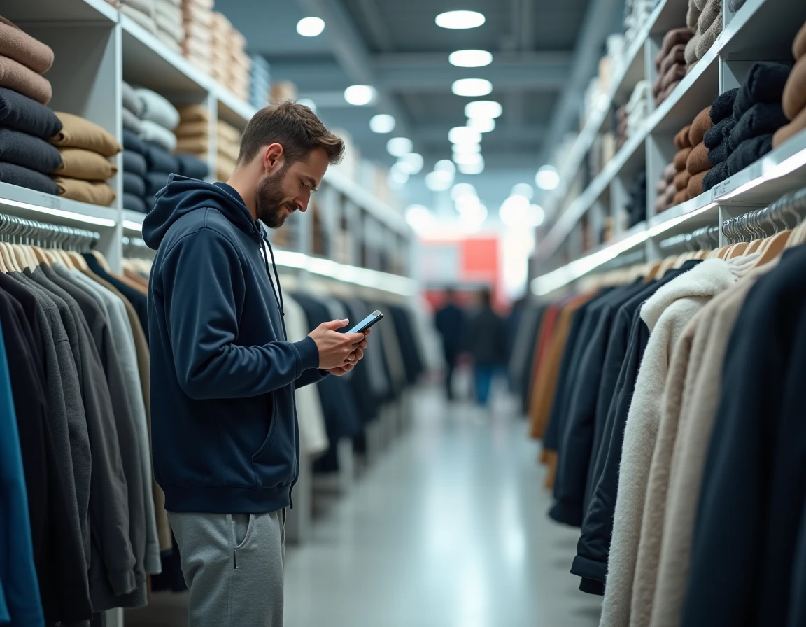 Homme consultant son smartphone dans un magasin de vêtements pour comparer les articles avant les soldes d'hiver