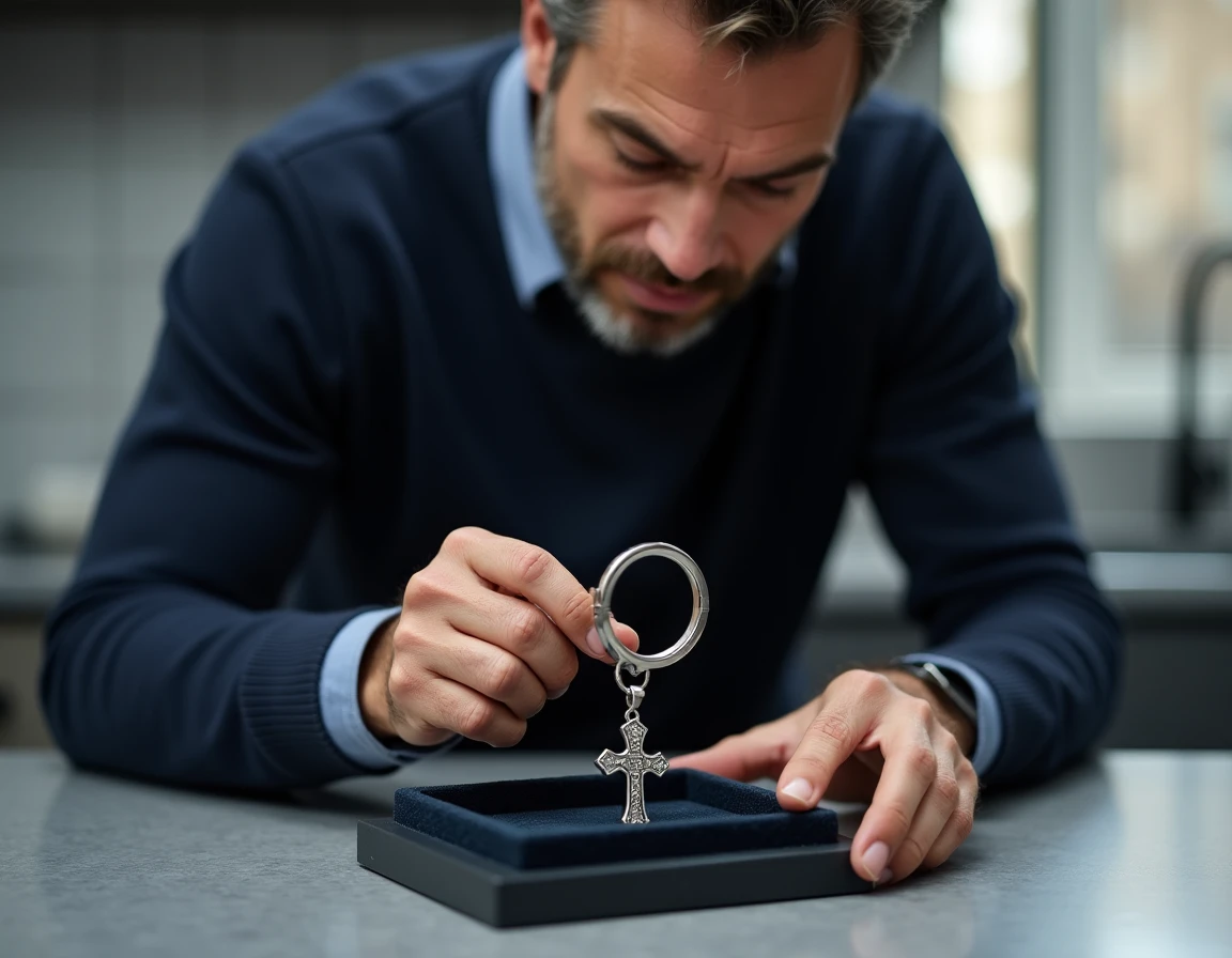 Homme inspectant un pendentif croix portugaise en argent à la loupe avant de valider un achat en ligne